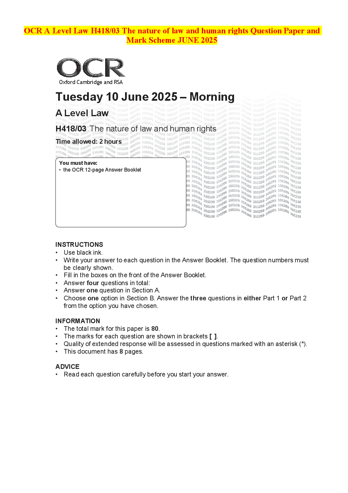 Preview of OCR A Level Law H418/03 The nature of law and human rights Question Paper and Mark Scheme