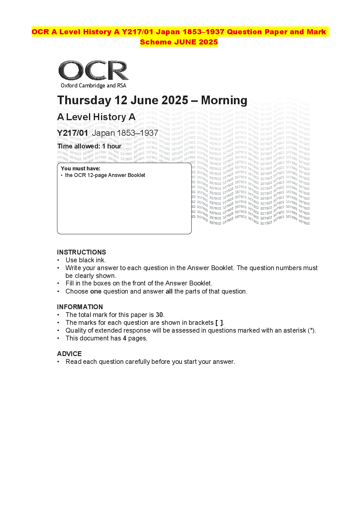 Recommended document preview for OCR A Level History A Y217/01 Japan 1853–1937 Question Paper and Mark Scheme JUNE 2025