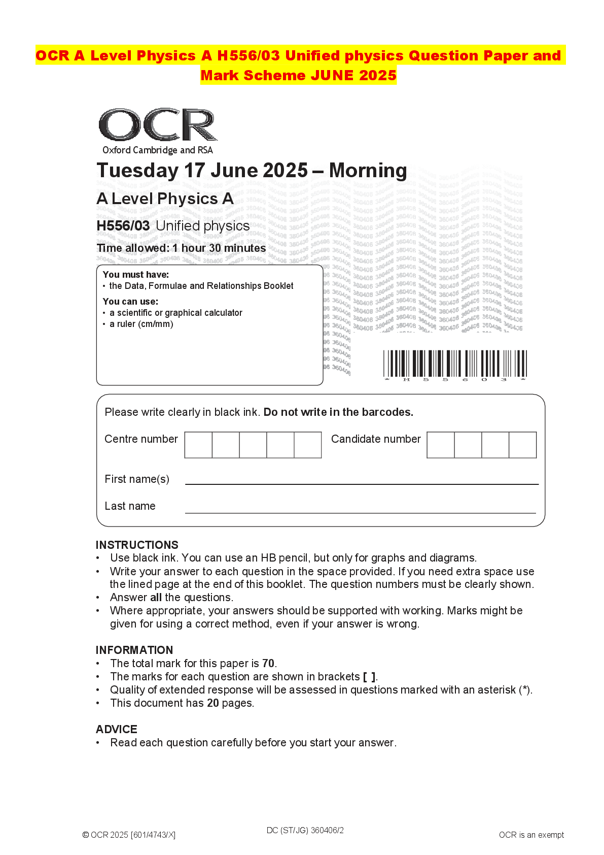 Recommended document preview for OCR A Level Physics A H556/03 Unified physics Question Paper and Mark Scheme JUNE 2025
