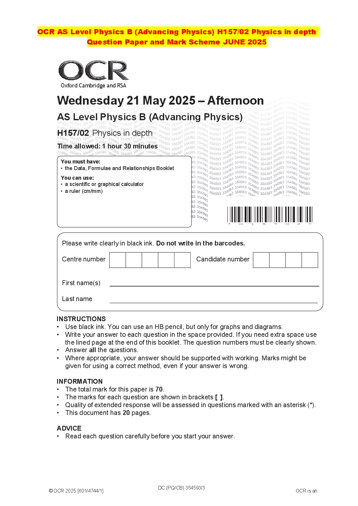 Recommended document preview for OCR AS Level Physics B (Advancing Physics) H157/02 Physics in depth Question Paper and Mark Scheme JUNE 2025