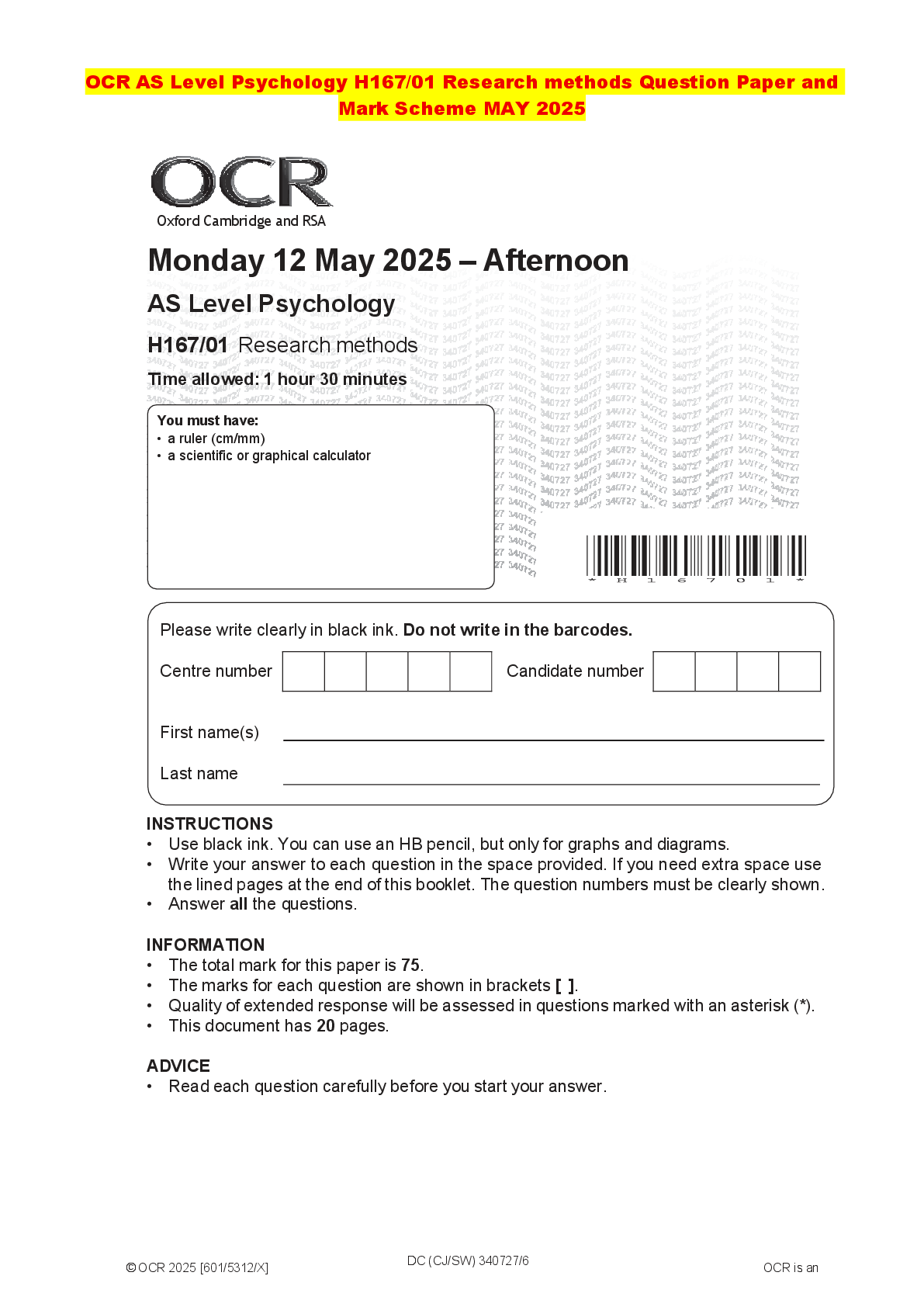 Recommended document preview for OCR AS Level Psychology H167/01 Research methods Question Paper and Mark Scheme MAY 2025