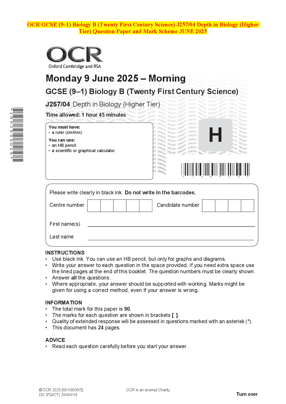 Recommended document preview for OCR GCSE (9–1) Biology B (Twenty First Century Science) J257/04 Depth in Biology (Higher Tier) Question Paper and Mark Scheme JUNE 2025
