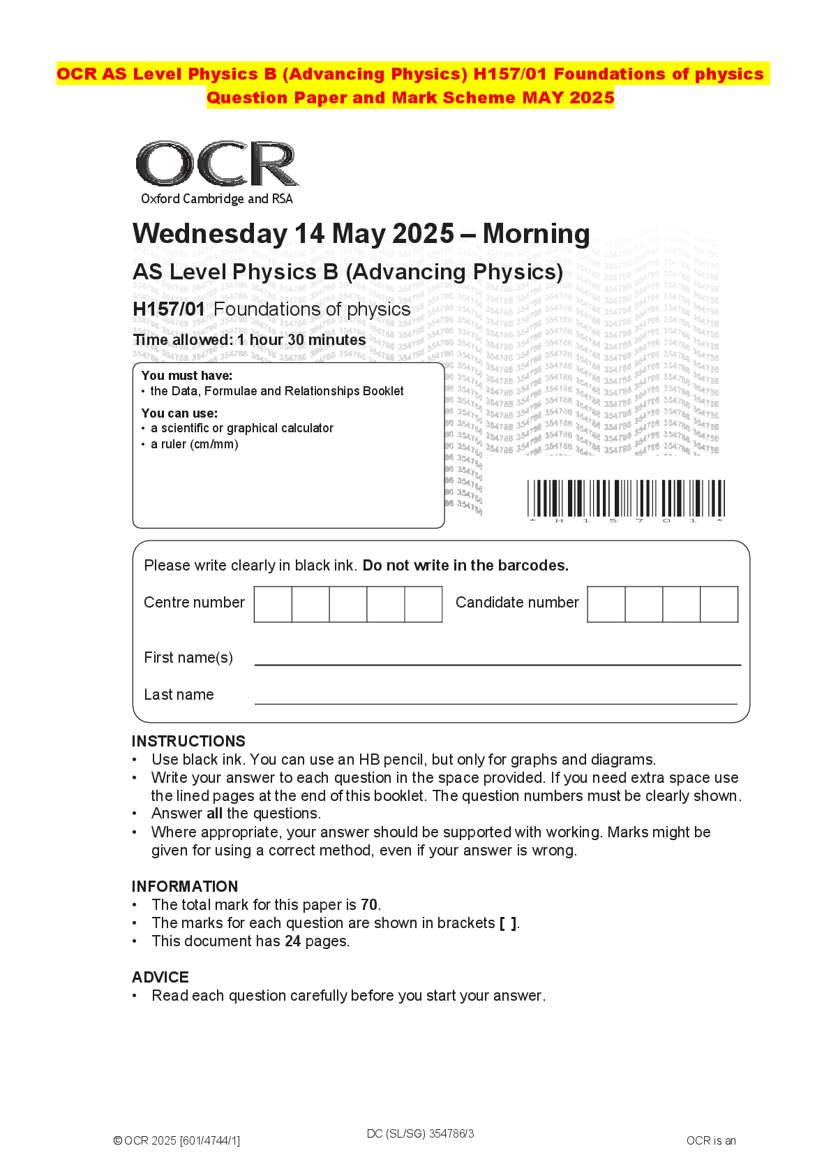 Recommended document preview for OCR AS Level Physics B (Advancing Physics) H157/01 Foundations of physics Question Paper and Mark Scheme MAY 2025