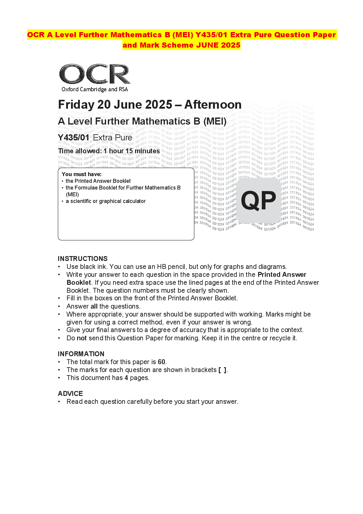Recommended document preview for OCR A Level Further Mathematics B (MEI) Y435/01 Extra Pure Question Paper and Mark Scheme JUNE 2025