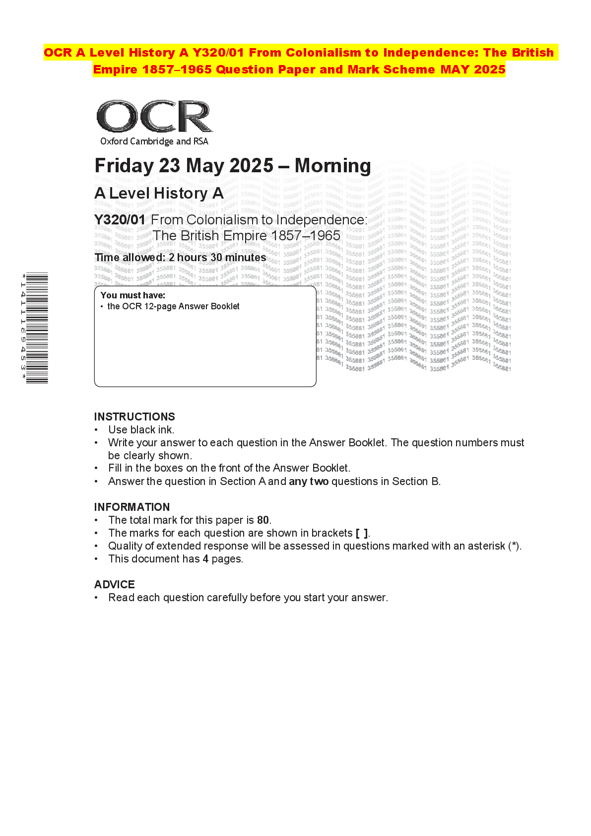 Recommended document preview for OCR A Level History A Y320/01 From Colonialism to Independence: The British Empire 1857–1965 Question Paper and Mark Scheme MAY 2025