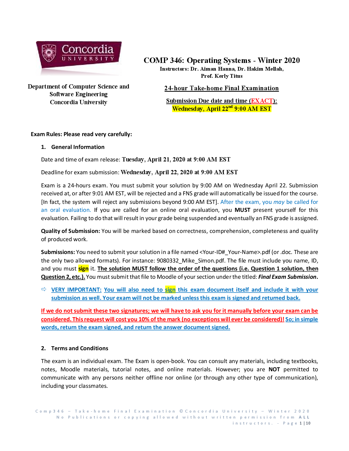 Preview of COMP 346: Operating Systems EXAM