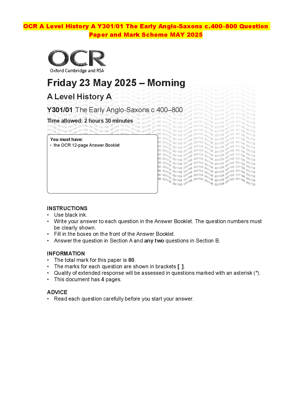 Recommended document preview for OCR A Level History A Y301/01 The Early Anglo-Saxons c.400–800 Question Paper and Mark Scheme MAY 2025