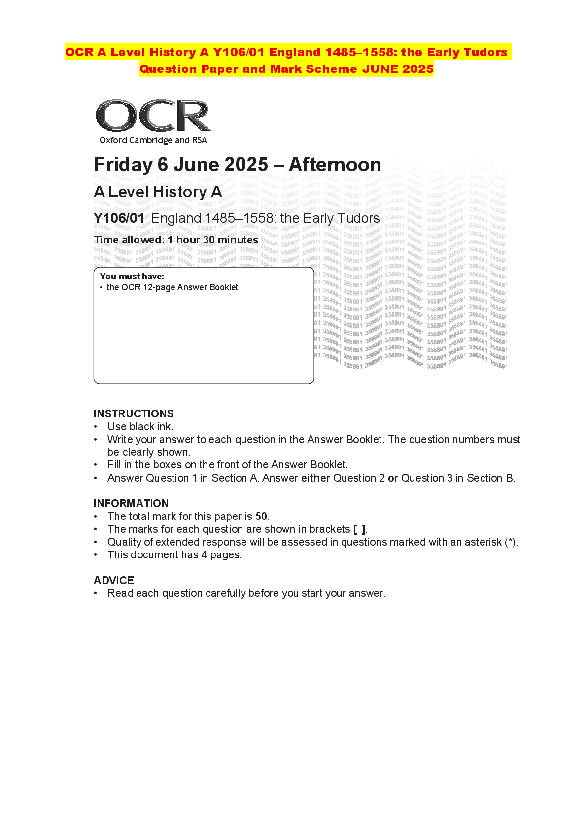 Recommended document preview for OCR A Level History A Y106/01 England 1485–1558: the Early Tudors Question Paper and Mark Scheme JUNE 2025
