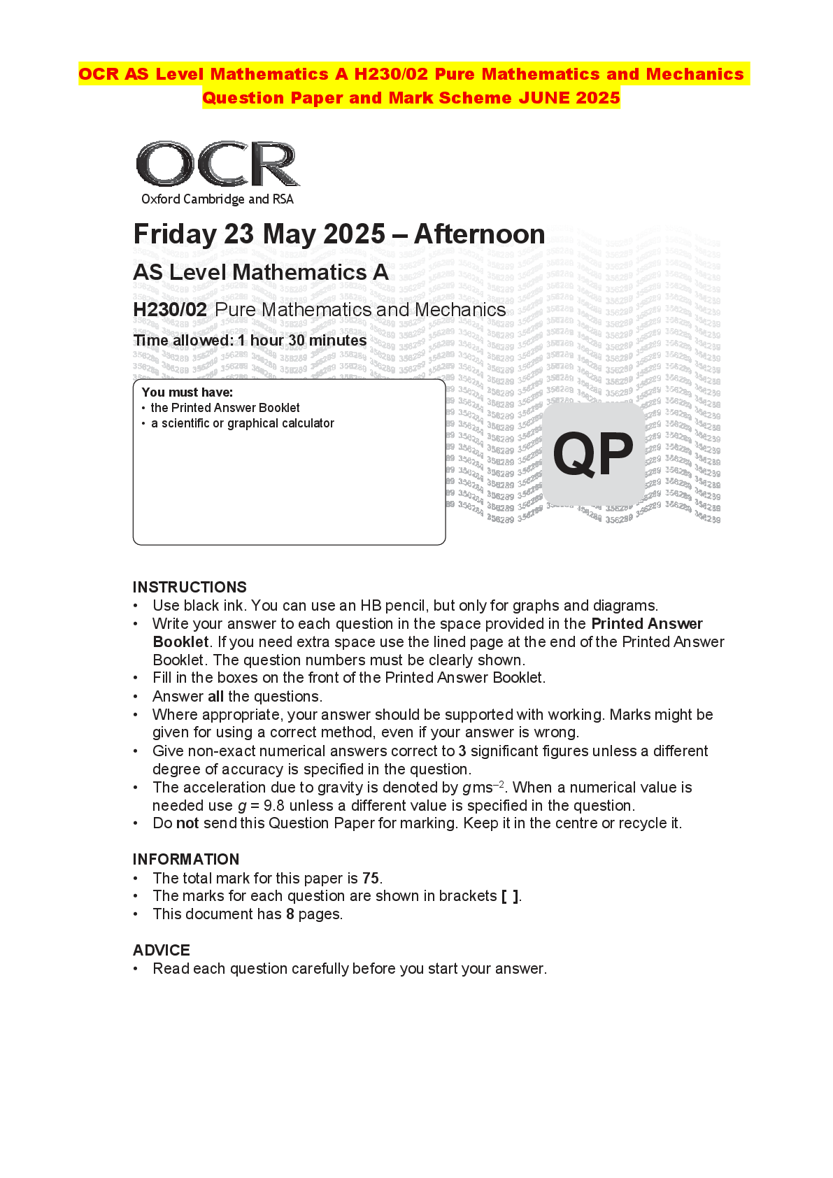 Recommended document preview for OCR AS Level Mathematics A H230/02 Pure Mathematics and Mechanics Question Paper and Mark Scheme JUNE 2025