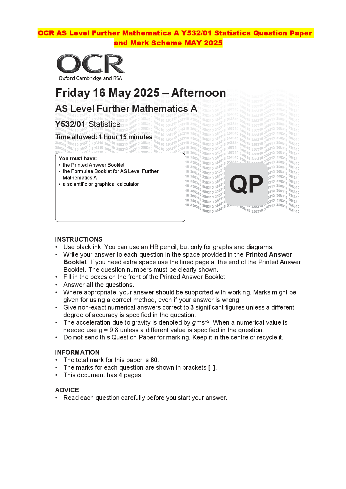 Preview of OCR AS Level Further Mathematics A Y532/01 Statistics Question Paper and Mark Scheme MAY 2