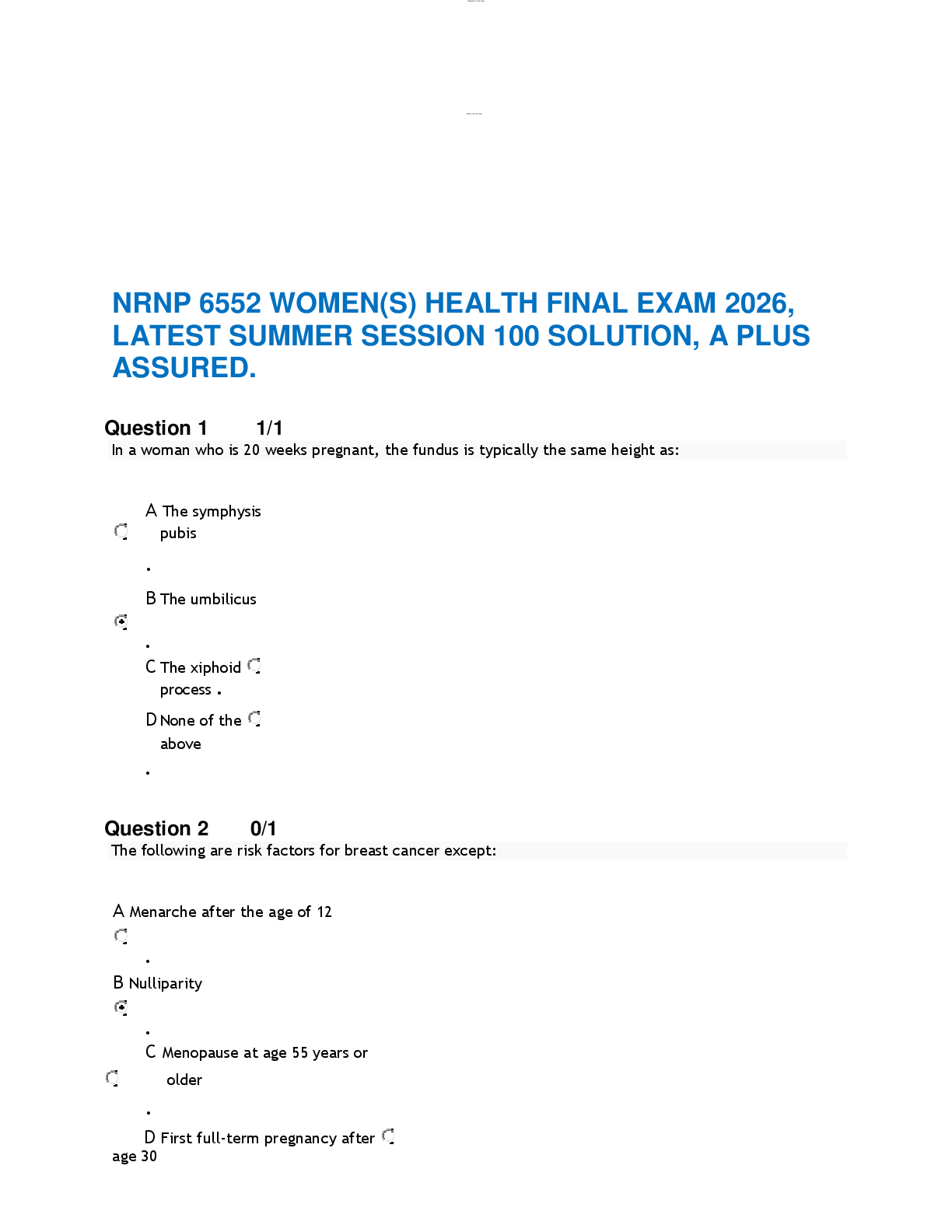 Recommended document preview for NRNP 6552 WOMEN(S) HEALTH FINAL EXAM 2026, LATEST SUMMER SESSION 100 SOLUTION, A PLUS ASSURED.