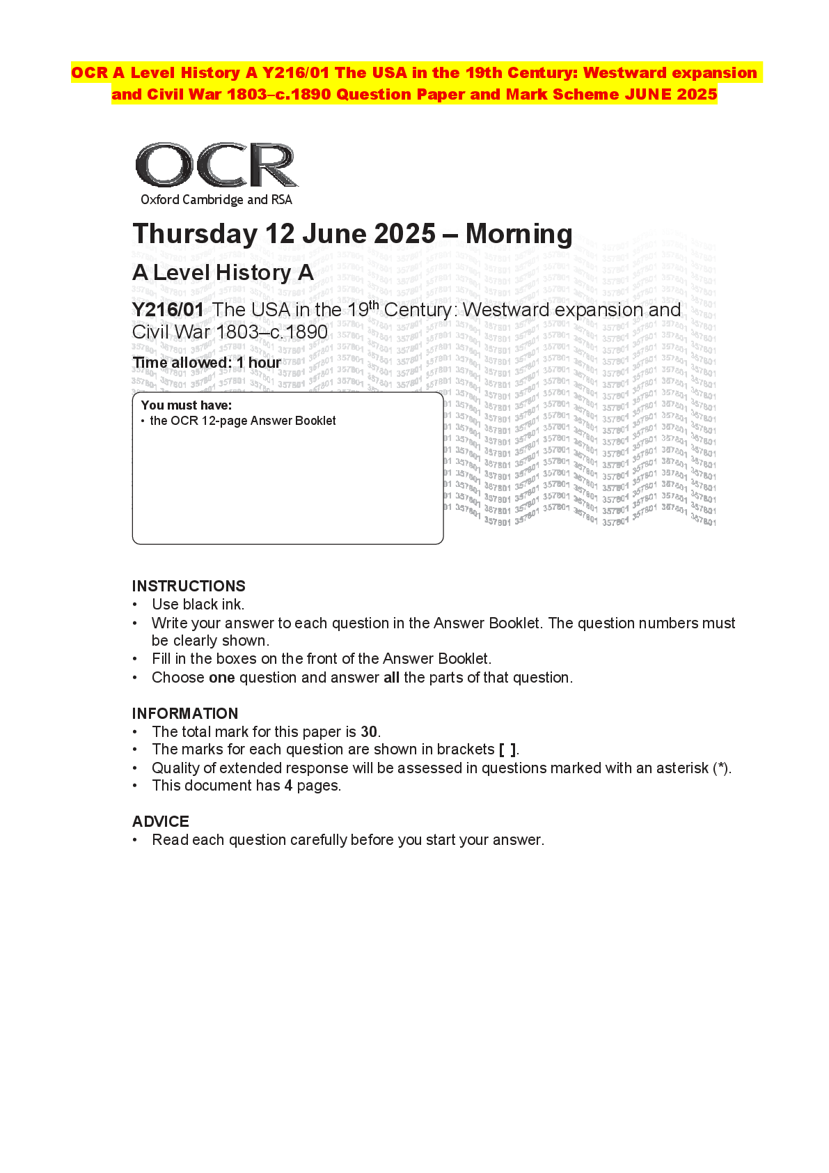 Recommended document preview for OCR A Level History A Y216/01 The USA in the 19th Century: Westward expansion and Civil War 1803–c.1890 Question Paper and Mark Scheme JUNE 2025