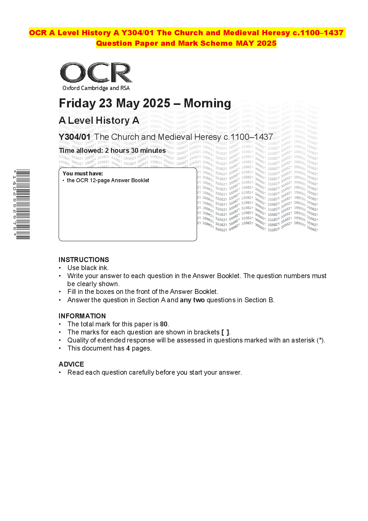 Recommended document preview for OCR A Level History A Y304/01 The Church and Medieval Heresy c.1100–1437 Question Paper and Mark Scheme MAY 2025