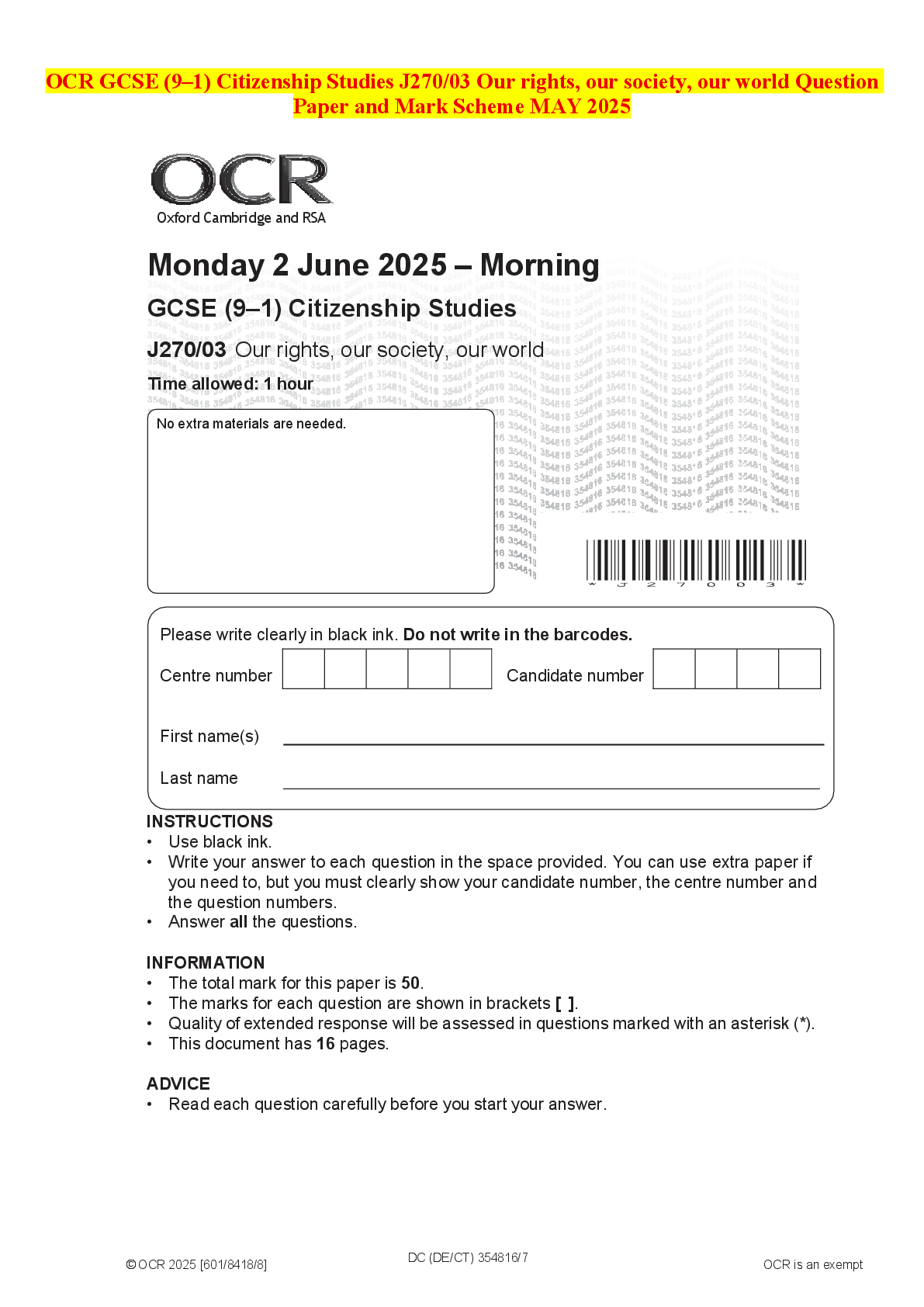Recommended document preview for OCR GCSE (9–1) Citizenship Studies J270/03 Our rights, our society, our world Question Paper and Mark Scheme MAY 2025
