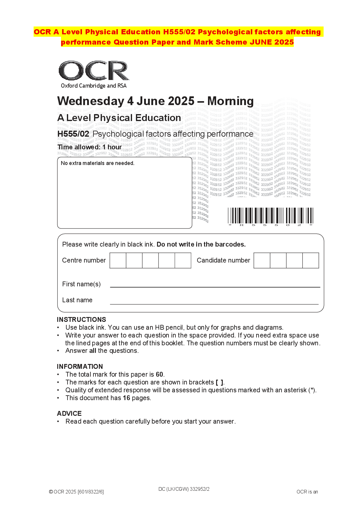 Recommended document preview for OCR A Level Physical Education H555/02 Psychological factors affecting performance Question Paper and Mark Scheme JUNE 2025