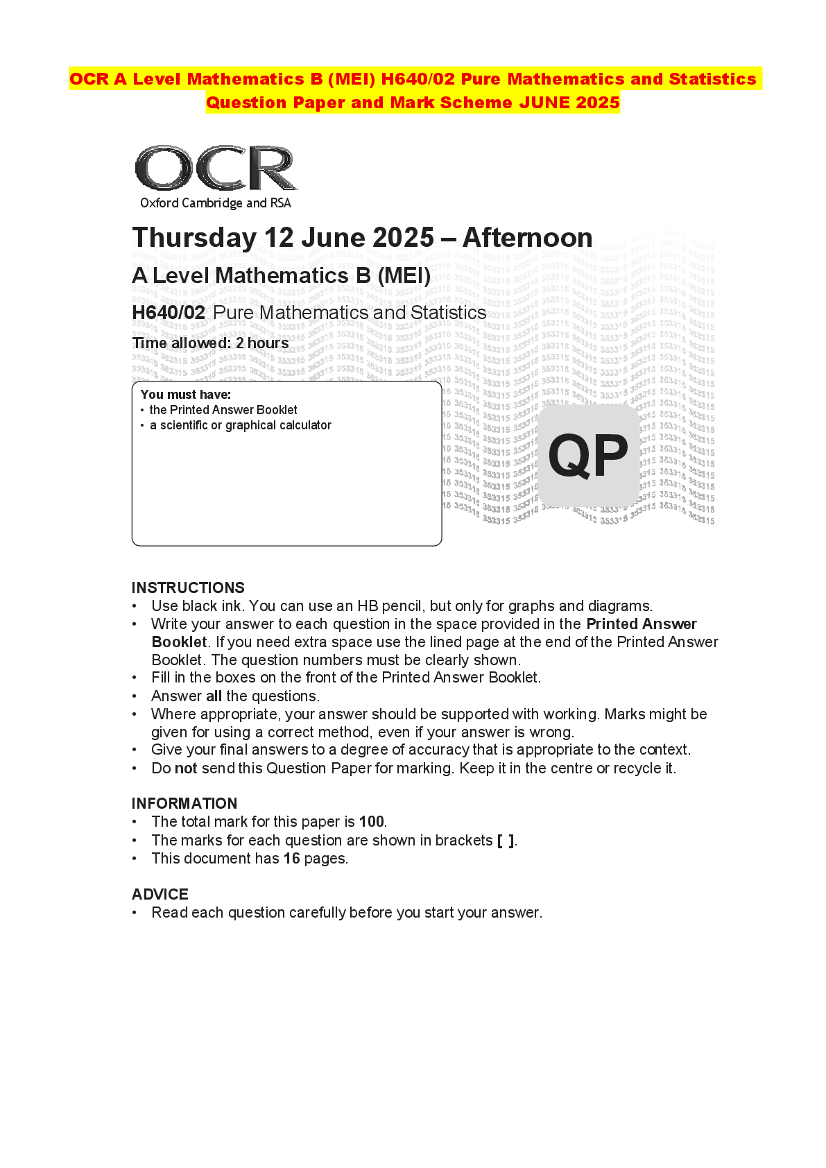 Recommended document preview for OCR A Level Mathematics B (MEI) H640/02 Pure Mathematics and Statistics Question Paper and Mark Scheme JUNE 2025