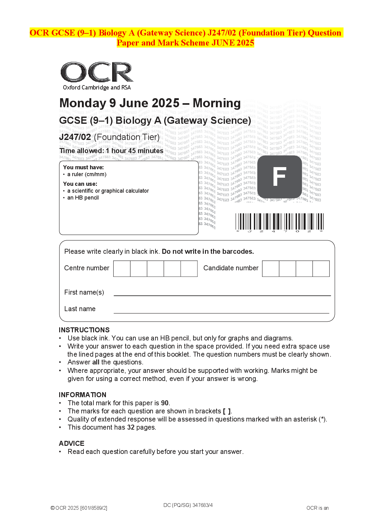 Recommended document preview for OCR GCSE (9–1) Biology A (Gateway Science) J247/02 (Foundation Tier) Question Paper and Mark Scheme JUNE 2025