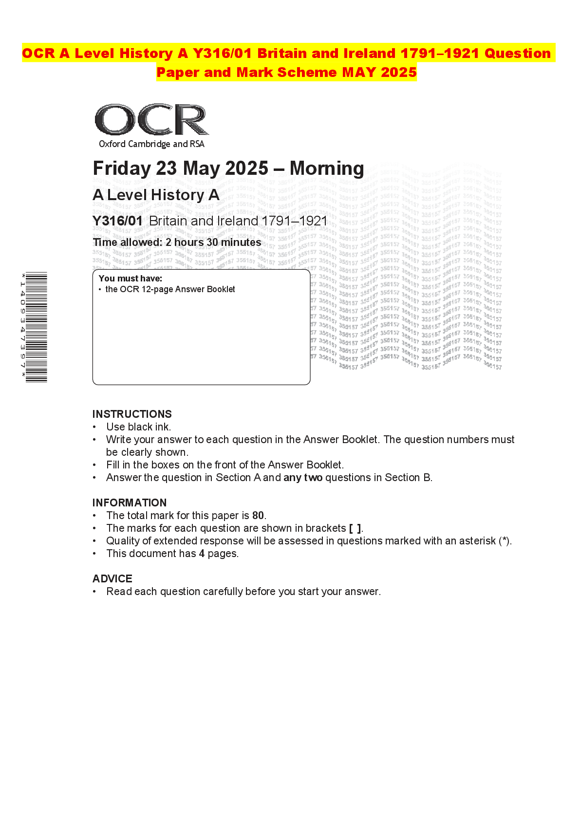 Recommended document preview for OCR A Level History A Y316/01 Britain and Ireland 1791–1921 Question Paper and Mark Scheme MAY 2025