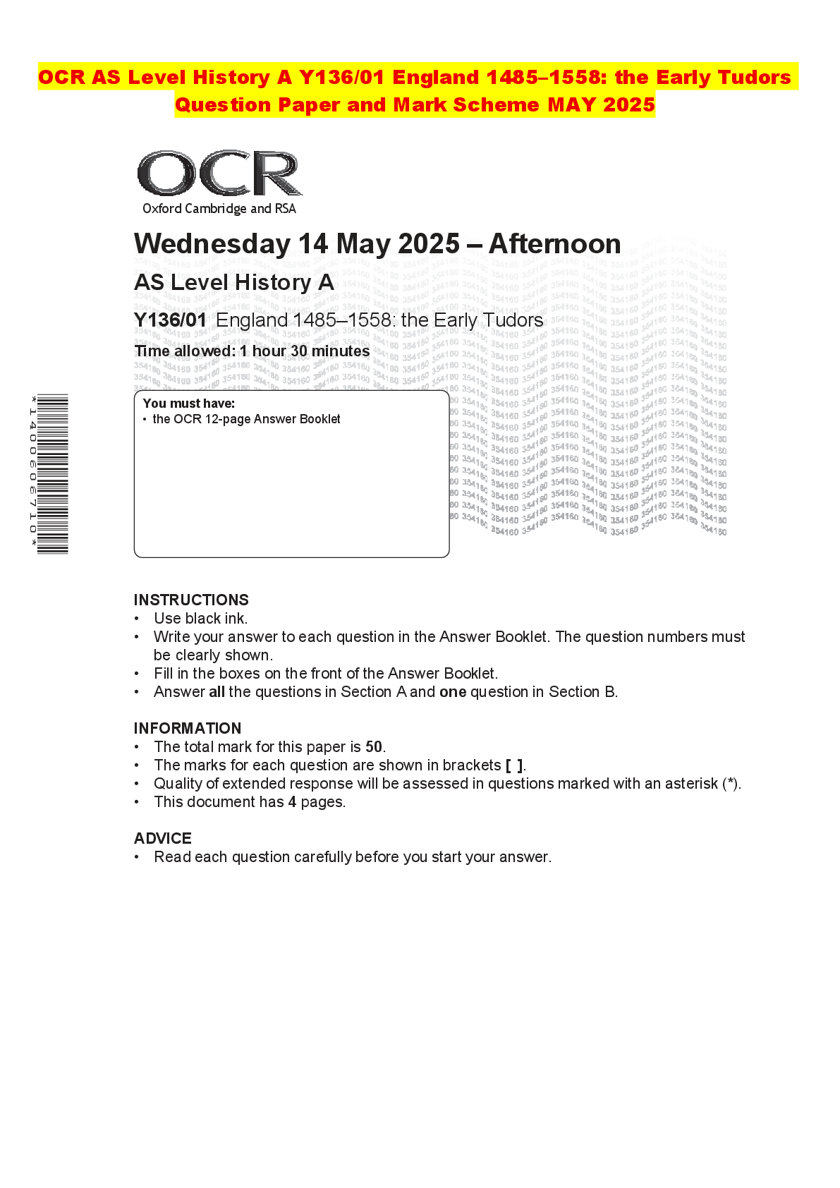 Recommended document preview for OCR AS Level History A Y136/01 England 1485–1558: the Early Tudors Question Paper and Mark Scheme MAY 2025