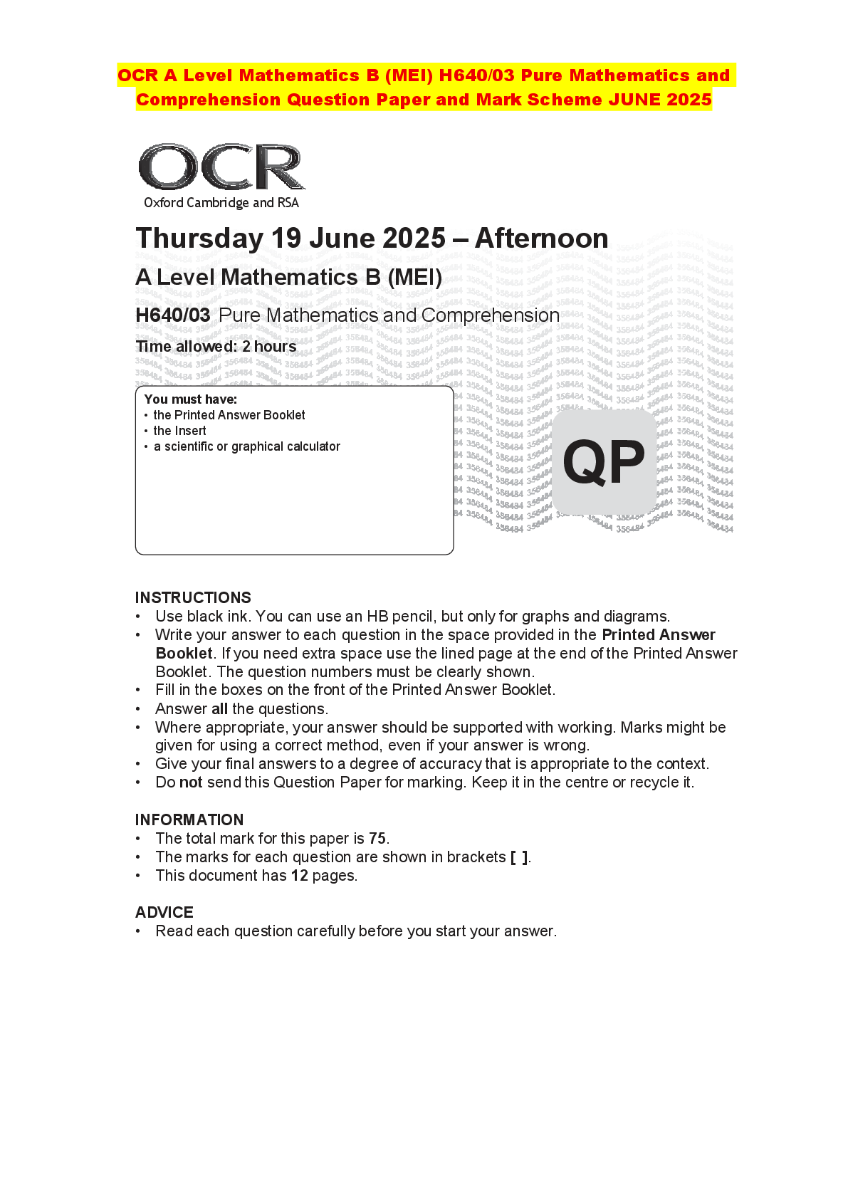 Recommended document preview for OCR A Level Mathematics B (MEI) H640/03 Pure Mathematics and Comprehension Question Paper and Mark Scheme JUNE 202