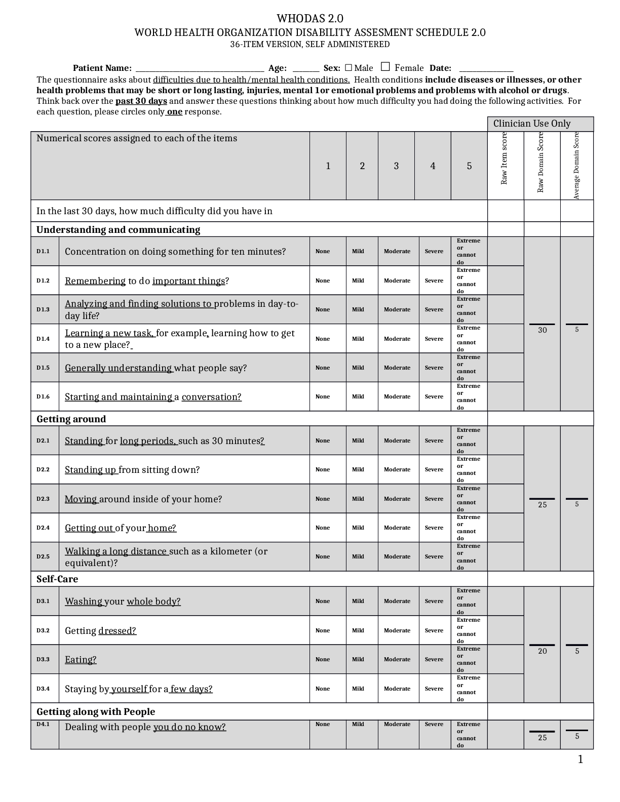 Recommended document preview for NUR 448 WHODAS 2.0 WORLD HEALTH ORGANIZATION DISABILITY ASSESMENT SCHEDULE 2.0 36-ITEM VERSION, SELF ADMINISTERED