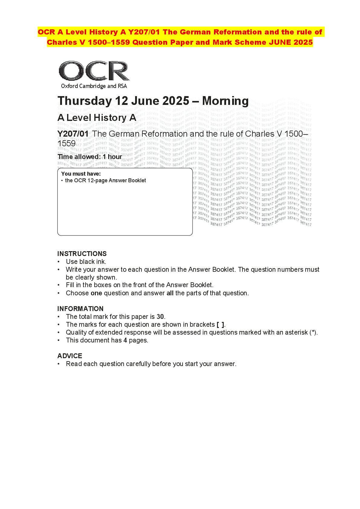 Recommended document preview for OCR A Level History A Y207/01 The German Reformation and the rule of Charles V 1500–1559 Question Paper and Mark Scheme JUNE 2025