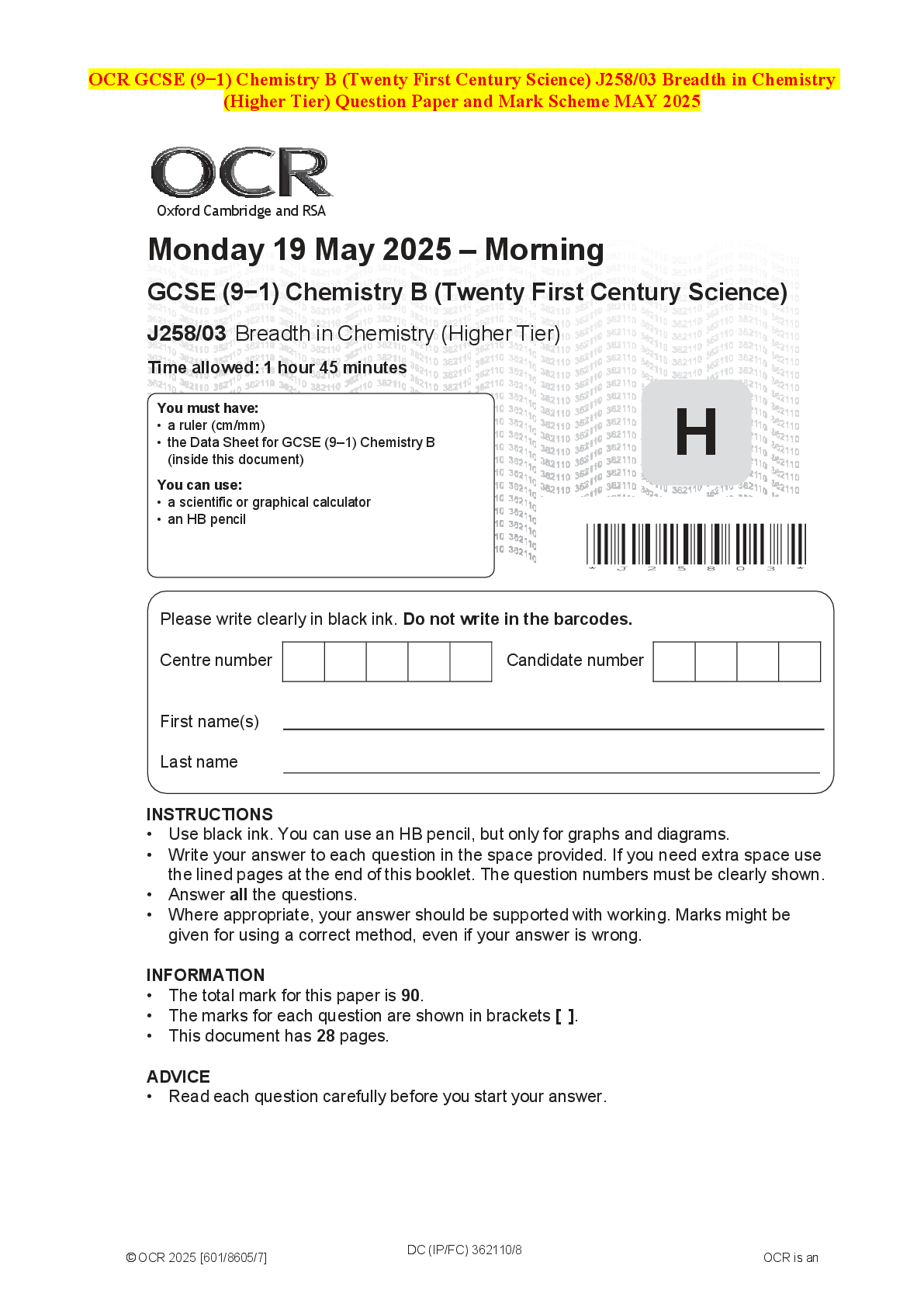 Recommended document preview for OCR GCSE (9−1) Chemistry B (Twenty First Century Science) J258/03 Breadth in Chemistry (Higher Tier) Question Paper and Mark Scheme MAY 2025