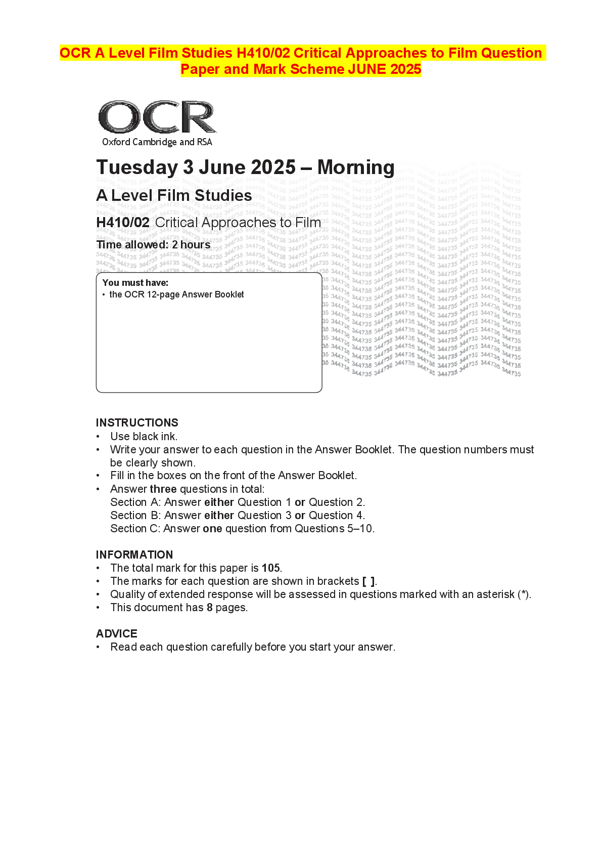 Recommended document preview for OCR A Level Film Studies H410/02 Critical Approaches to Film Question Paper and Mark Scheme JUNE 2025