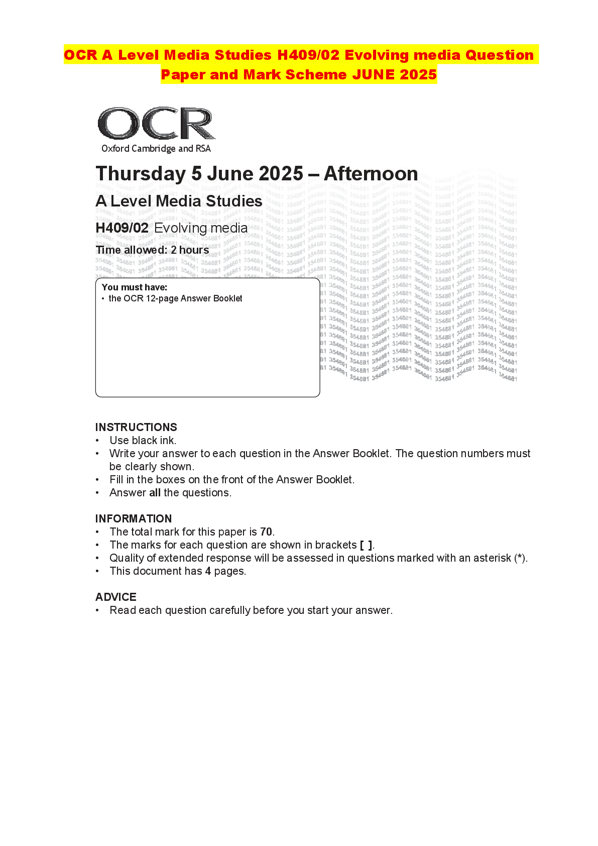 Recommended document preview for OCR A Level Media Studies H409/02 Evolving media Question Paper and Mark Scheme JUNE 2025