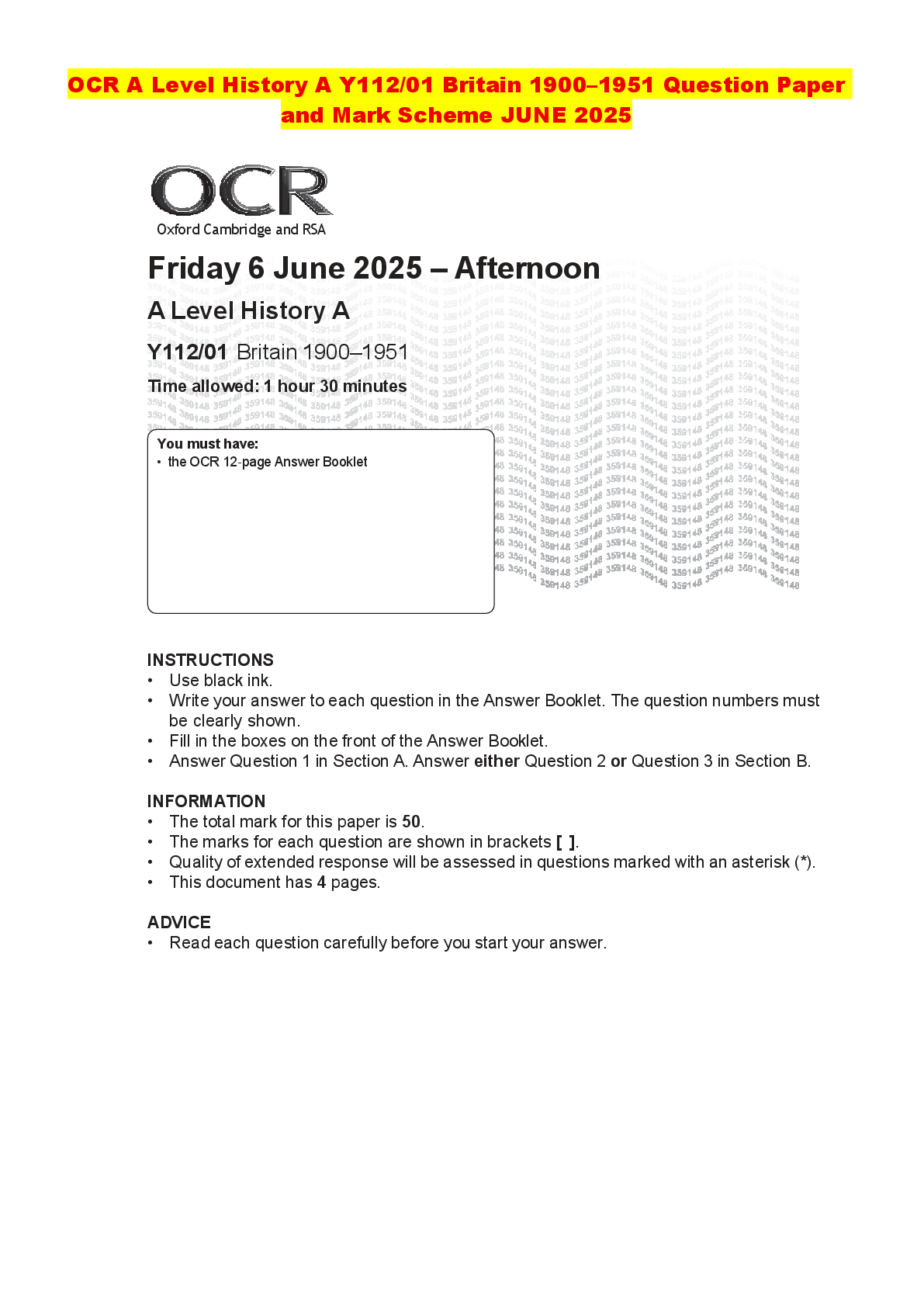 Recommended document preview for OCR A Level History A Y112/01 Britain 1900–1951 Question Paper and Mark Scheme JUNE 2025