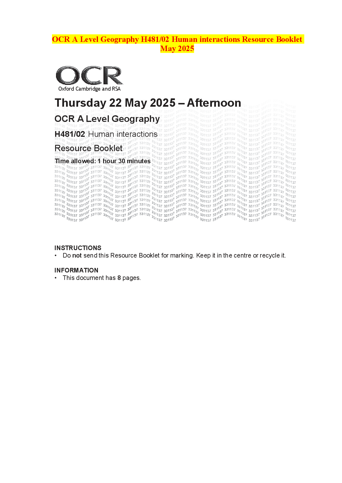 Preview of OCR A Level Geography H481/02 Human interactions Resource Booklet May 2025