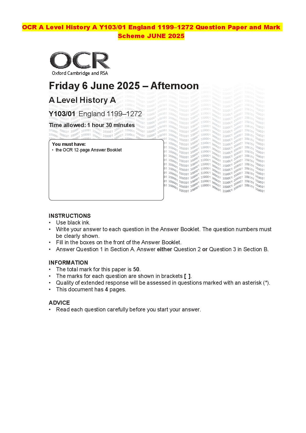Recommended document preview for OCR A Level History A Y103/01 England 1199–1272 Question Paper and Mark Scheme JUNE 2025