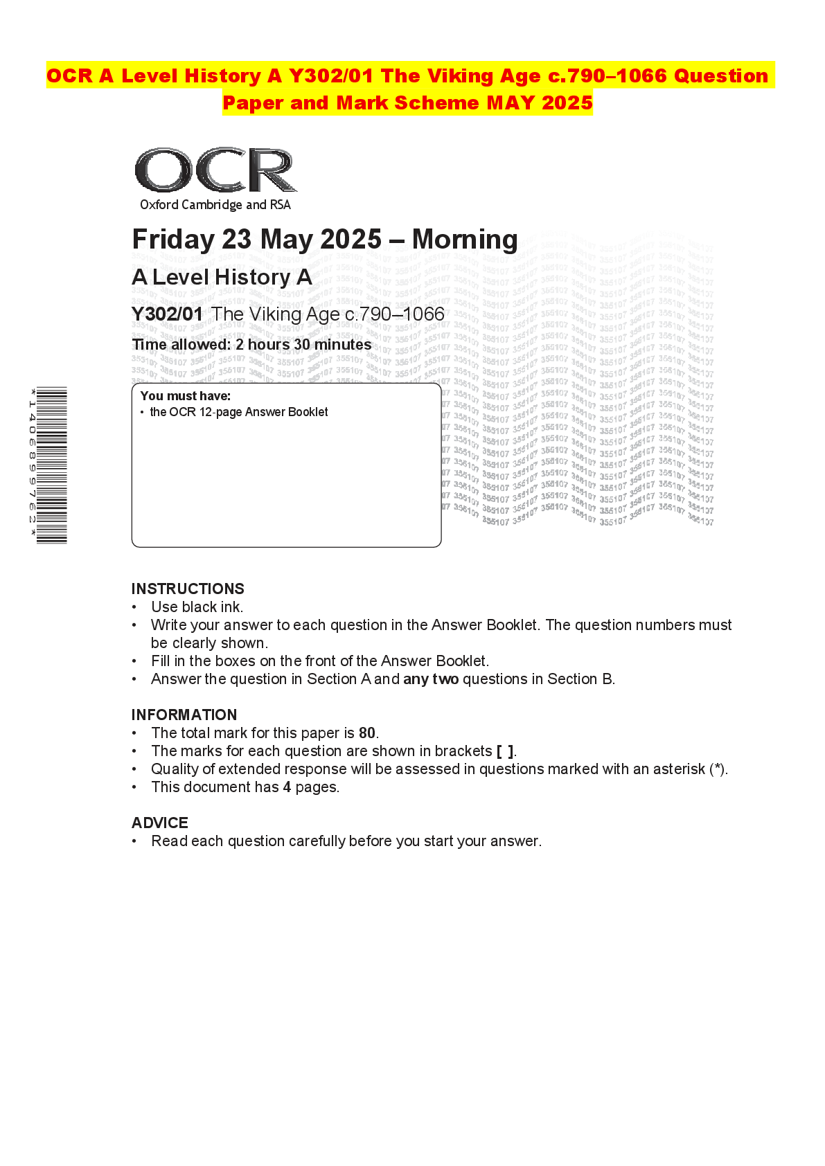 Recommended document preview for OCR A Level History A Y302/01 The Viking Age c.790–1066 Question Paper and Mark Scheme MAY 2025