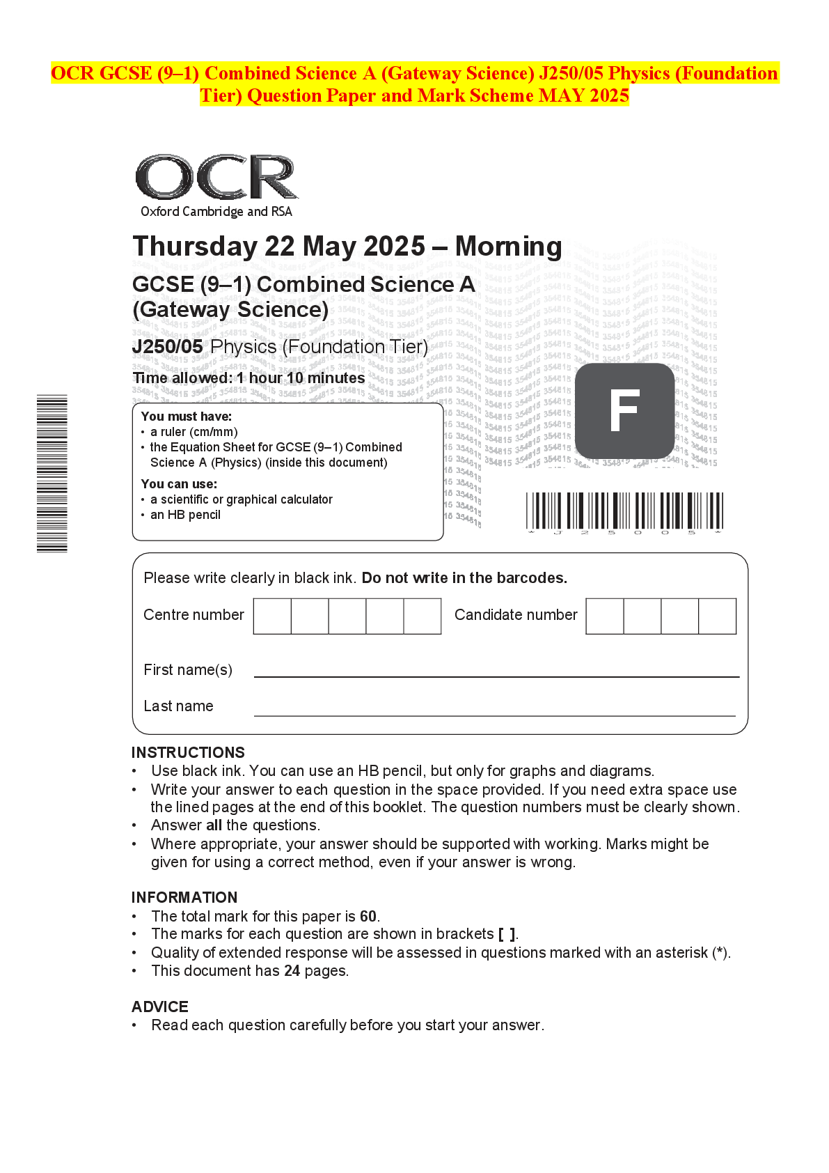 Recommended document preview for OCR GCSE (9–1) Combined Science A (Gateway Science) J250/05 Physics (Foundation Tier) Question Paper and Mark Scheme MAY 2025