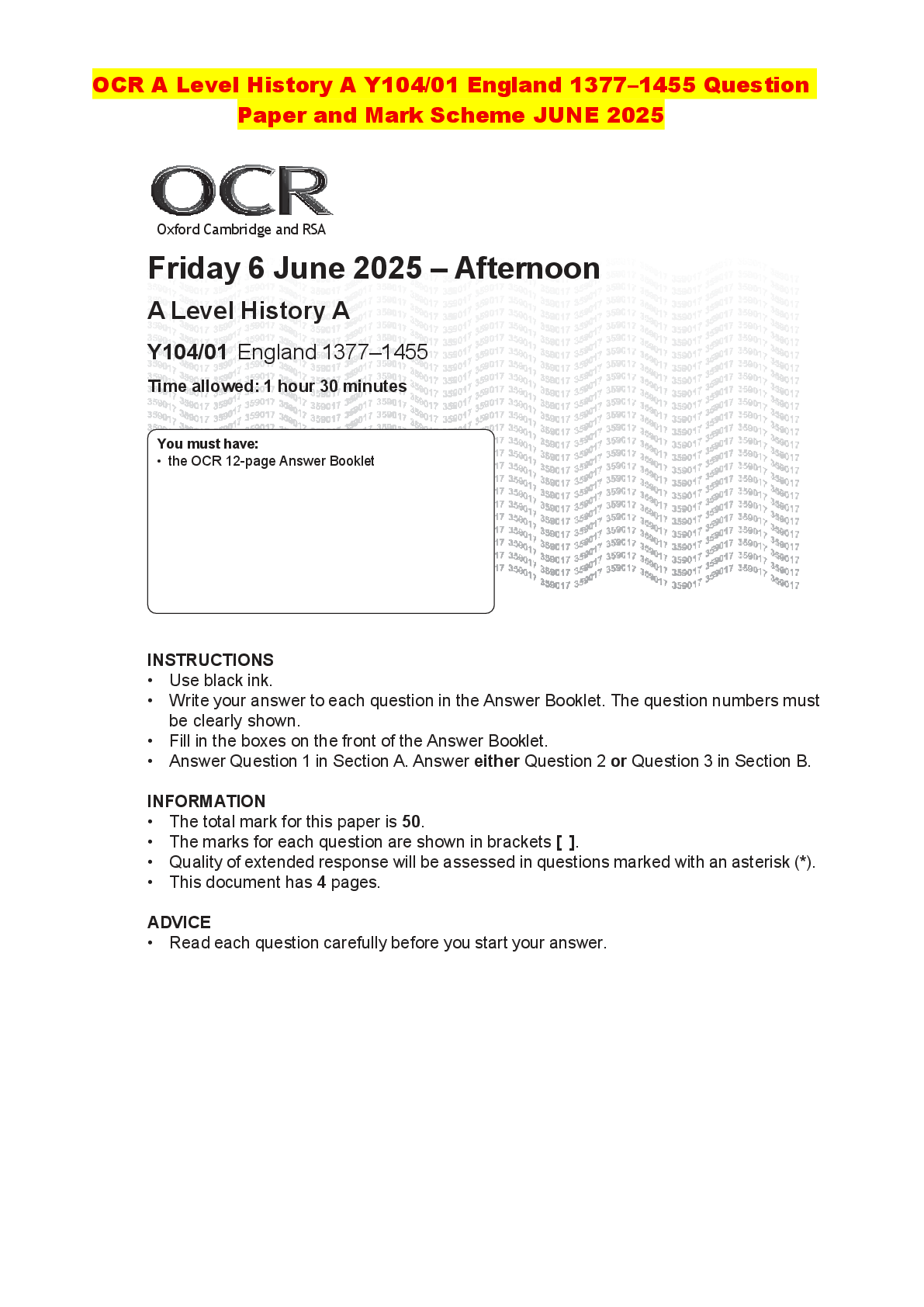 Recommended document preview for OCR A Level History A Y104/01 England 1377–1455 Question Paper and Mark Scheme JUNE 2025