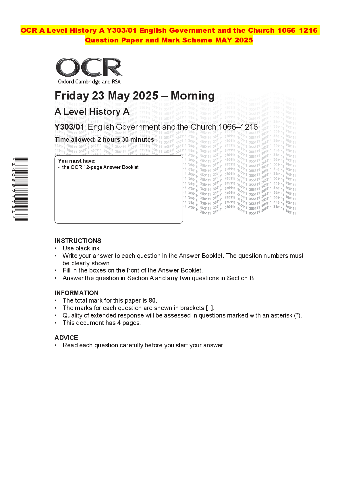 Recommended document preview for OCR A Level History A Y303/01 English Government and the Church 1066–1216 Question Paper and Mark Scheme MAY 2025