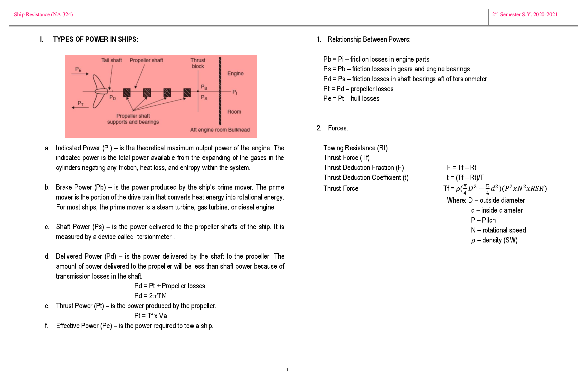 Preview of BSMT 12A Resistance (NA 324) TYPES OF POWER IN SHIPS