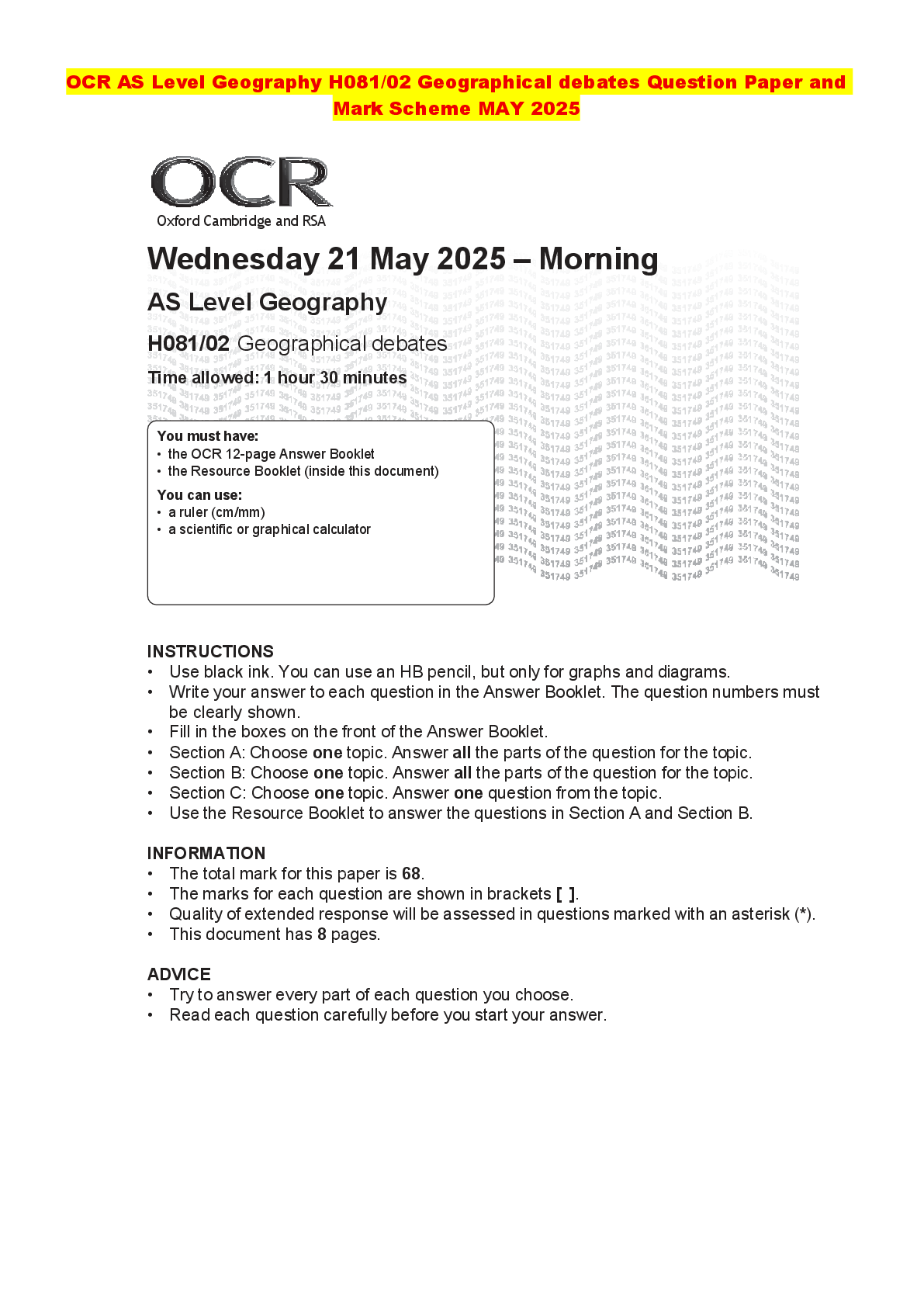 Recommended document preview for OCR AS Level Geography H081/02 Geographical debates Question Paper and Mark Scheme MAY 2025
