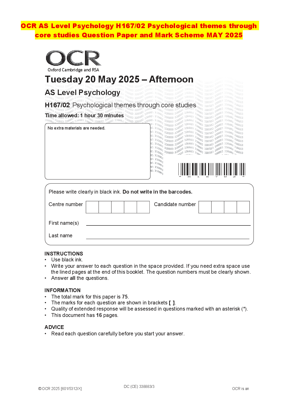 Recommended document preview for OCR AS Level Psychology H167/01 Research methods Question Paper and Mark Scheme MAY 2025