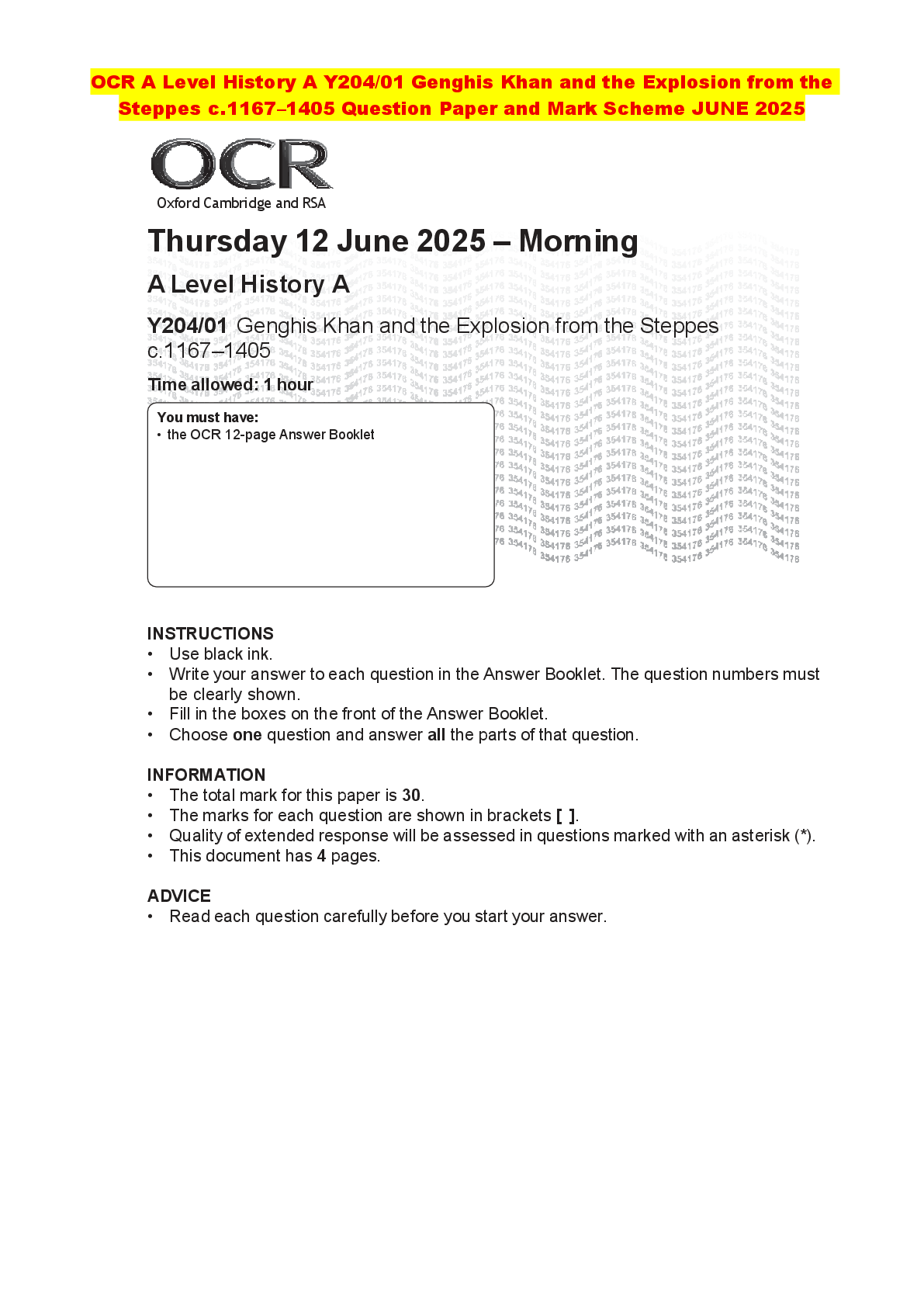 Recommended document preview for OCR A Level History A Y204/01 Genghis Khan and the Explosion from the Steppes c.1167–1405 Question Paper and Mark Scheme JUNE 2025