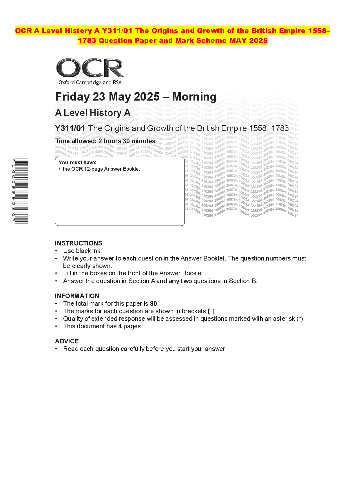 Recommended document preview for OCR A Level History A Y311/01 The Origins and Growth of the British Empire 1558–1783 Question Paper and Mark Scheme MAY 2025