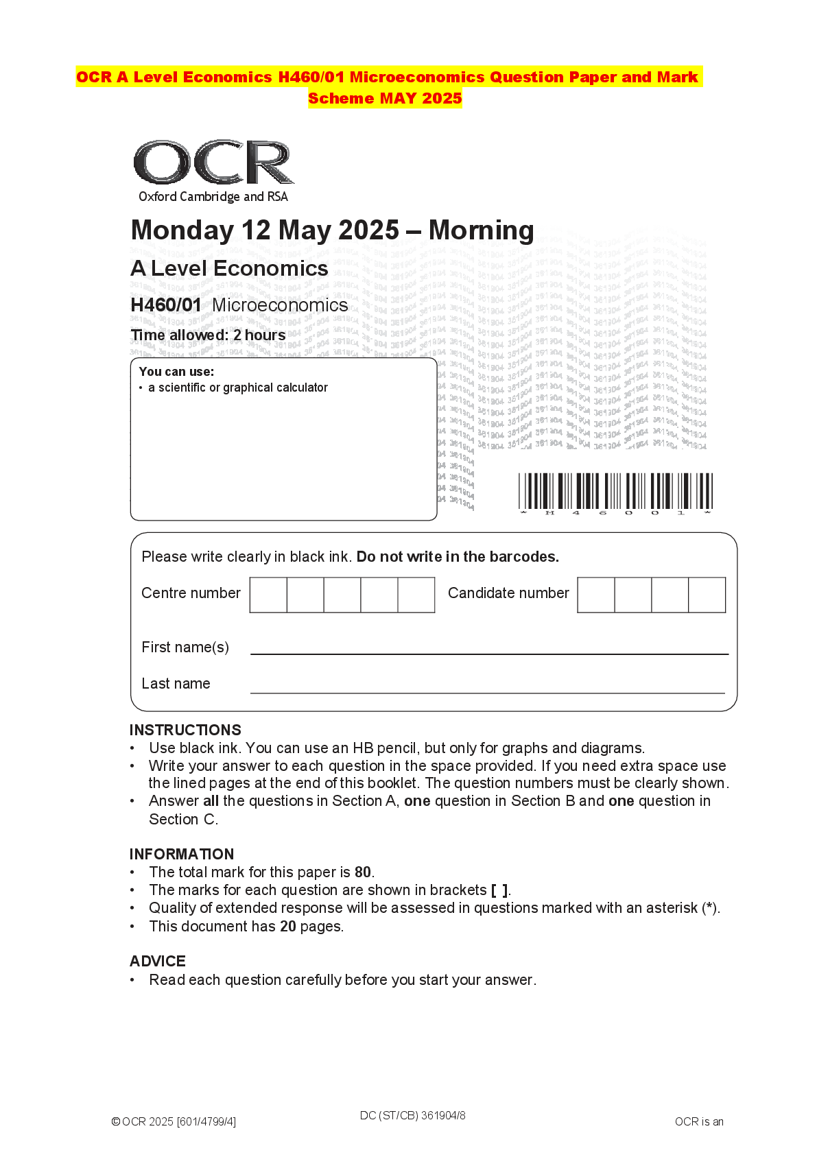 Recommended document preview for OCR A Level Economics H460/01 Microeconomics Question Paper and Mark Scheme MAY 2025