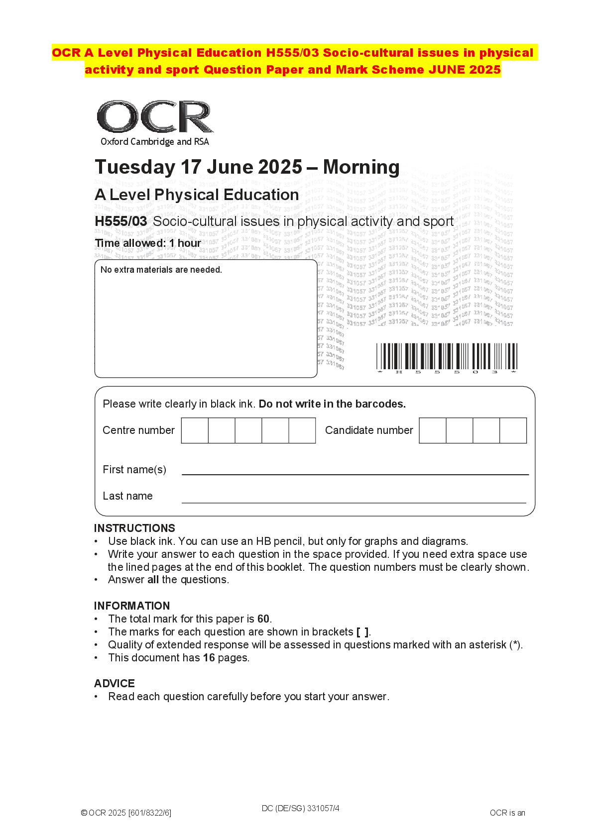 Recommended document preview for OCR A Level Physical Education H555/03 Socio-cultural issues in physical activity and sport Question Paper and Mark Scheme JUNE 2025