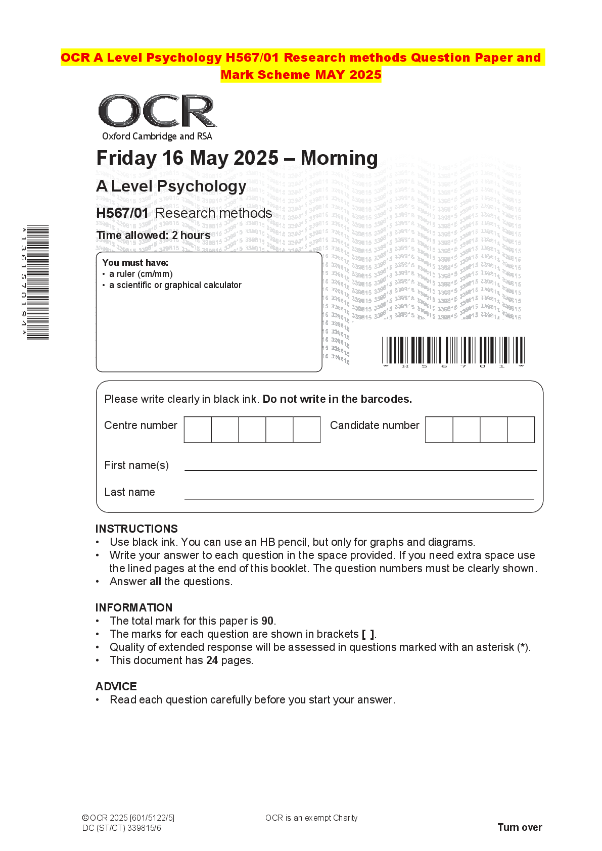 Recommended document preview for OCR A Level Psychology H567/01 Research methods Question Paper and Mark Scheme MAY 2025