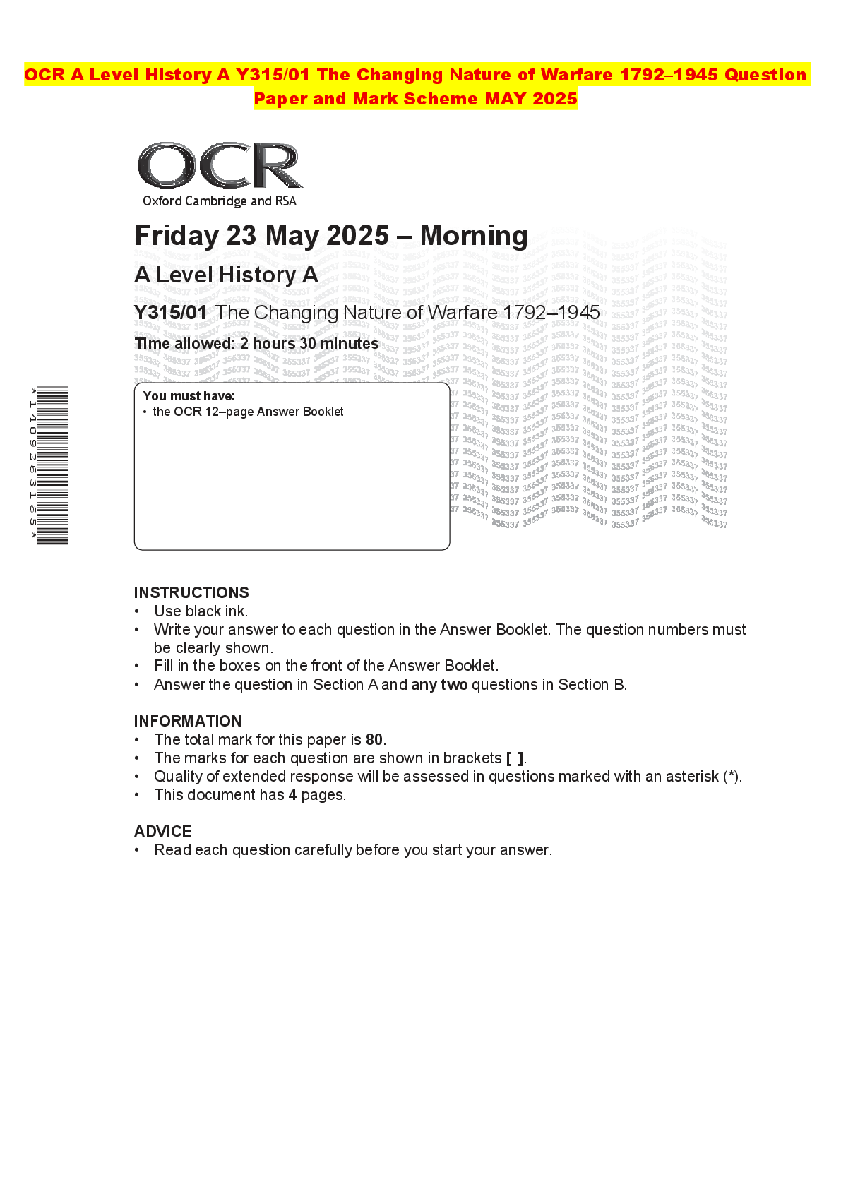 Recommended document preview for OCR A Level History A Y315/01 The Changing Nature of Warfare 1792–1945 Question Paper and Mark Scheme MAY 2025