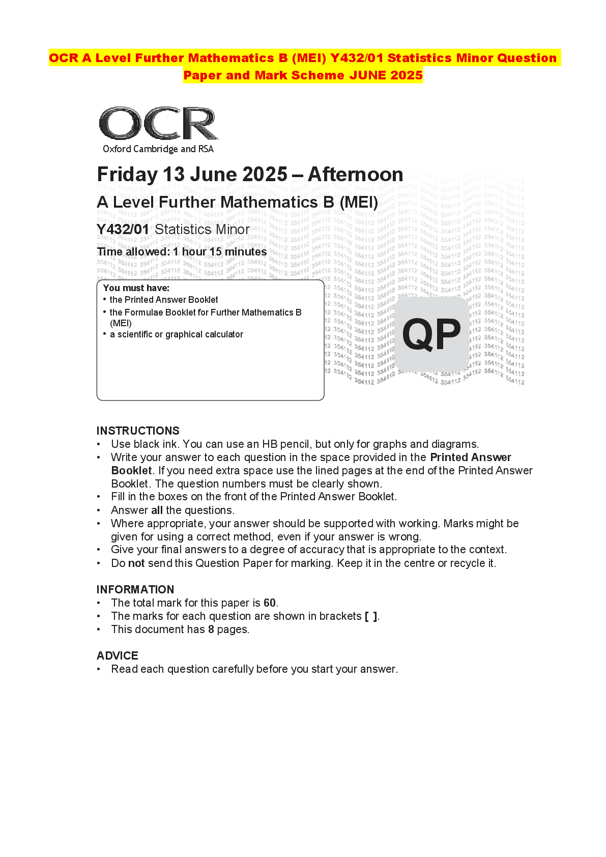 Recommended document preview for OCR A Level Further Mathematics B (MEI) Y432/01 Statistics Minor Question Paper and Mark Scheme JUNE 2025