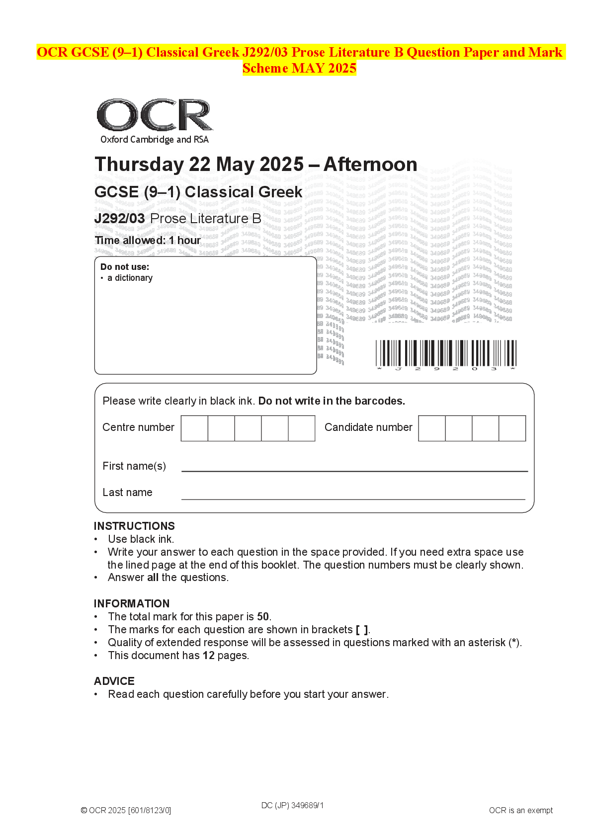 Recommended document preview for OCR GCSE (9–1) Classical Greek J292/03 Prose Literature B Question Paper and Mark Scheme MAY 2025