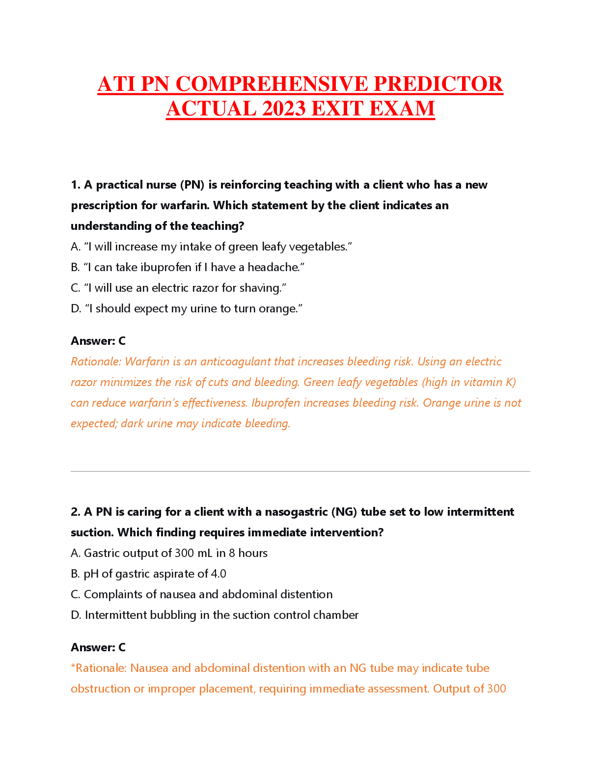 Recommended document preview for ATI PN COMPREHENSIVE PREDICTOR  ACTUAL 2023 EXIT EXAM