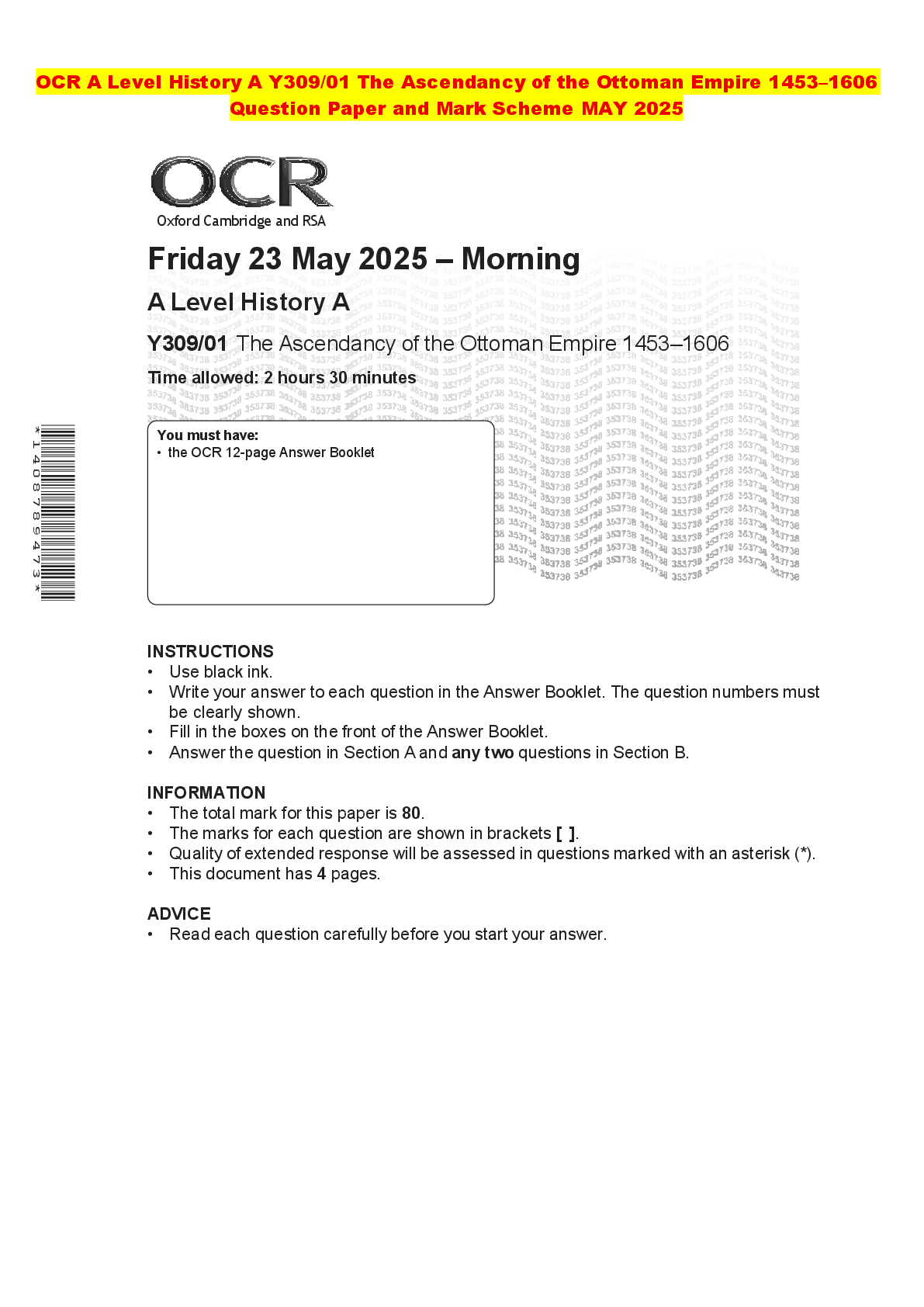 Recommended document preview for OCR A Level History A Y309/01 The Ascendancy of the Ottoman Empire 1453–1606 Question Paper and Mark Scheme MAY 2025