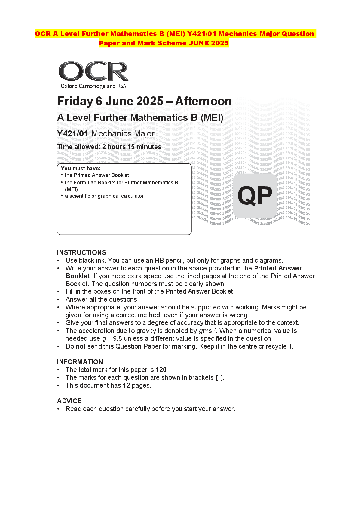 Recommended document preview for OCR A Level Further Mathematics B (MEI) Y421/01 Mechanics Major Question Paper and Mark Scheme JUNE 2025
